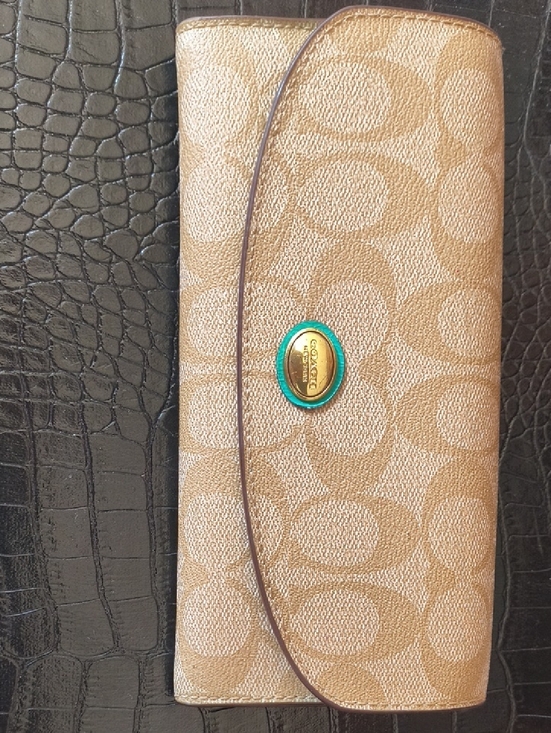 Coach Handbags - Coach Khaki Signature Canvas Continental Wallet with Green Accent